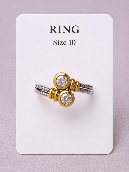 Jewelry - Gold & Silver Two-Stone Ring - Sparkling Crystal Accent (Size 10)